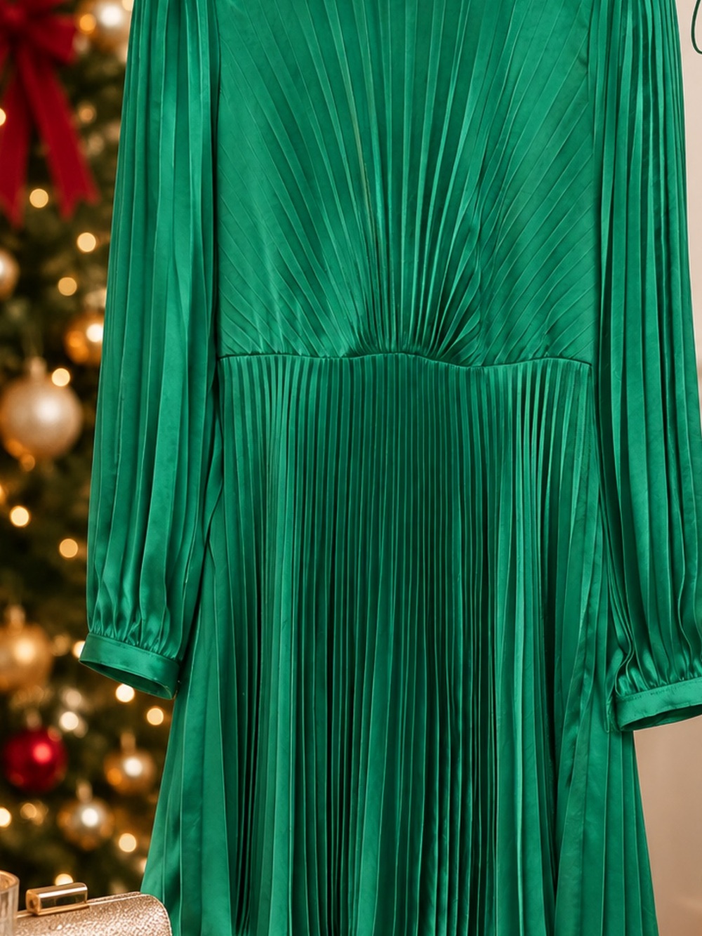 A.L.C. Emerald Green Pleated Long-Sleeve Dress